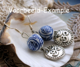 set/4 beads: Chinese Porcelain - Longevity Symbol - 12 mm - Blue White