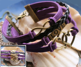 Armband 'Purple Endless Love' 4-rij in Imitatie Suède/Leer