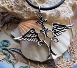 Pendant on Rubber Necklace: Winged Cross - 59 mm - Antique Silver Tone