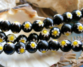 set/10 Millefiori Beads - Glass - Round 8 mm - Black White Yellow