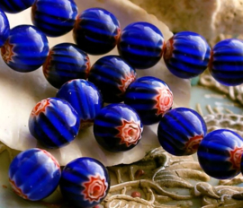 1 Chevron-style TRADE BEAD: Africa India - 10x9 mm - Cobalt-Blue White Red