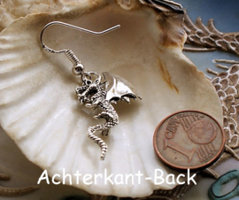 Pair of Earrings: 3D Dragon - Antique Silver Tone - 40 mm