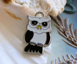 1 Enamel Charm: Owl -  24 mm - Black White Yellow