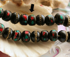 BONE:  set/2 Tibetan Beads - 8x6 mm - Black - Brass or Turquoise+Coral Inlay