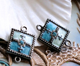 1 Connector: Enamel & Crystal - 22x14 mm - Dark Antique Silver tone - Aqua