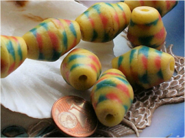 set/2 Large Krobo TRADE BEADS from Ghana - Glass - approx  18-22 mm - Yellow Green Coral-Pink