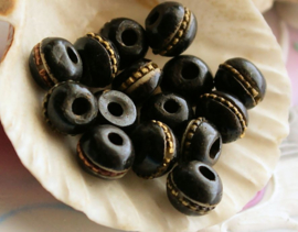 BONE:  set/2 Tibetan Beads - 8x6 mm - Black - Brass or Turquoise+Coral Inlay