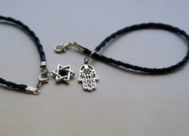 Set/5 Bracelets: Hamsa Evil Eye Fatima - Black Faux Leather + Antique Silver Tone