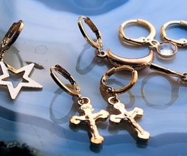 Pair of Earrings with Star or Moon or Crucifix or Crystal - Gold