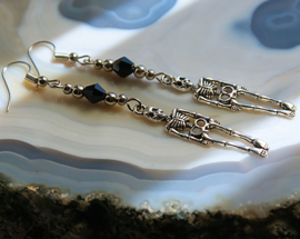 Pair of Earrings: Skeleton or Skull Cross or Bat - Silver & Black - Metal Goth