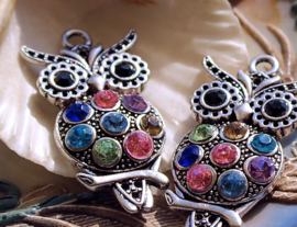 Pendant: Owl - 48x24 mm - Multi Colours + Antique Silver Tone