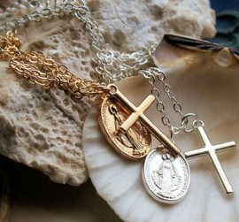 Pendants on Necklace: Mary & Cross - Silver tone or Gold tone