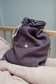 La Petite Alice - Handmade Linen Pouch With Embroidery Purple/Bird & Berries