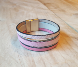 Roze leren armband 3 banden met magneet sluiting