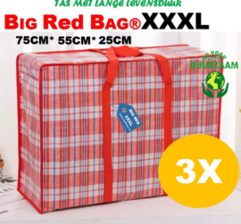 Big Red Bag XXXL - 3 Stuks - 75x55x25 -  - De Snuffelaar® - Opbergtas - Sterke Brede Rode Band Tas - Hoge Kwaliteit PP - Kwaliteits Rits met Dubbele Runner - Gaat langer mee!