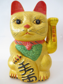 Lucky Cat glitter goud met beweegbare arm groot