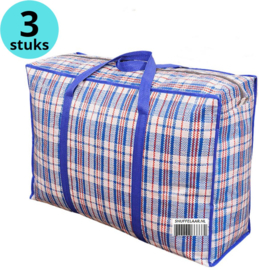Big Blue Bag XXXL - 75x55x25  - Luxe 3 Stuks -De Snuffelaar® - Opbergtas - Sterke Brede Blauwe Band Tas - Hoge Kwaliteit PP - Kwaliteits Rits met Dubbele Runner - Gaat langer mee!
