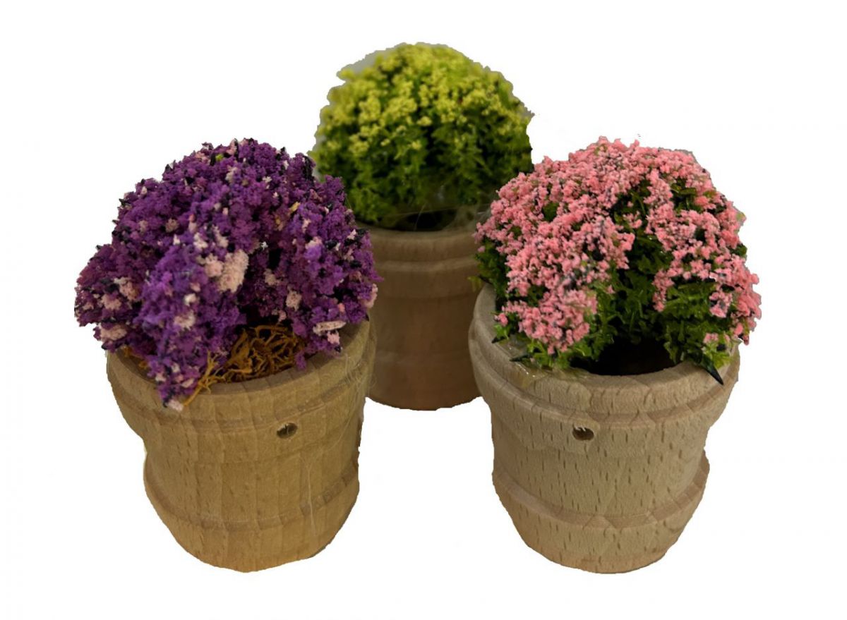 Wooden bucket with flowers, set of 3 6cm