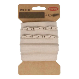 849 Beige Spiraal Rits | 3 meter & 6 schuivers | Opry