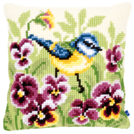 Blue Tit on Pansies Canvas Cushion Vervaco