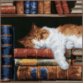 Slapende kat op boekenrek | Aida telpakket | Vervaco