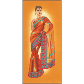 Indianse dame met oranje sari - evenweave - Lanarte telpakket