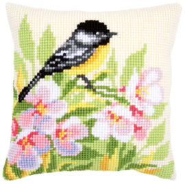 Tit & Blossoms Canvas Cushion Vervaco