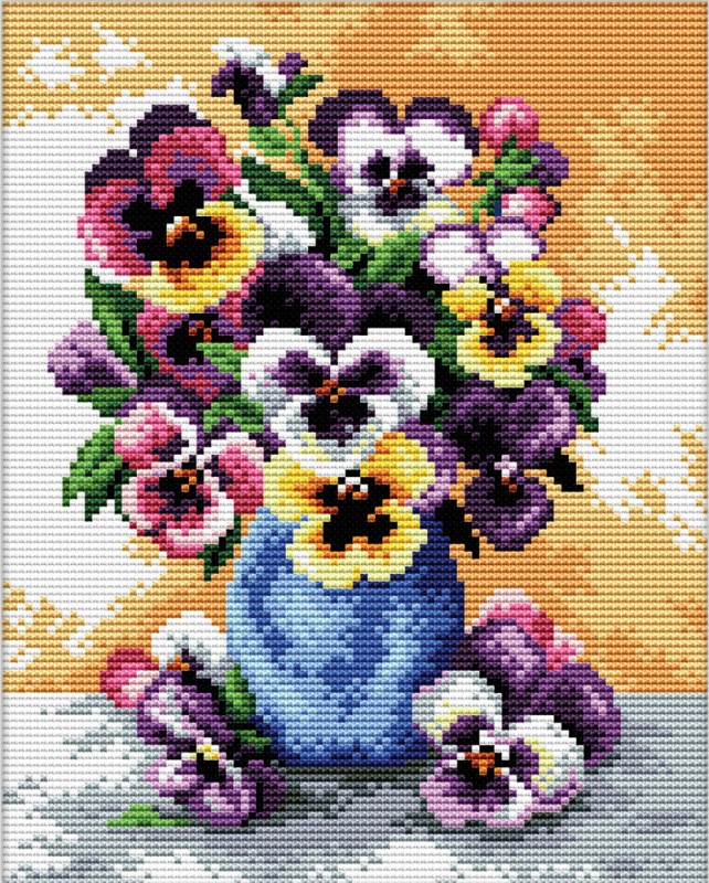Vase of pansies - voorbedrukt aida borduurpakket - Lady Bird
