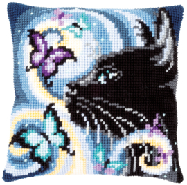 Cat with Butterflies Canvas Cushion Vervaco