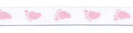 10mm | Wit grosgrainband met roze voetjes 10 mm