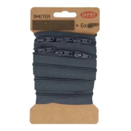 002 Donker Grijs Spiraal Rits | 3 meter & 6 schuivers | Opry