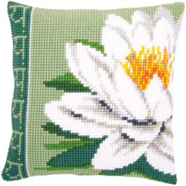 White Lotus Flower Canvas Cushion Vervaco