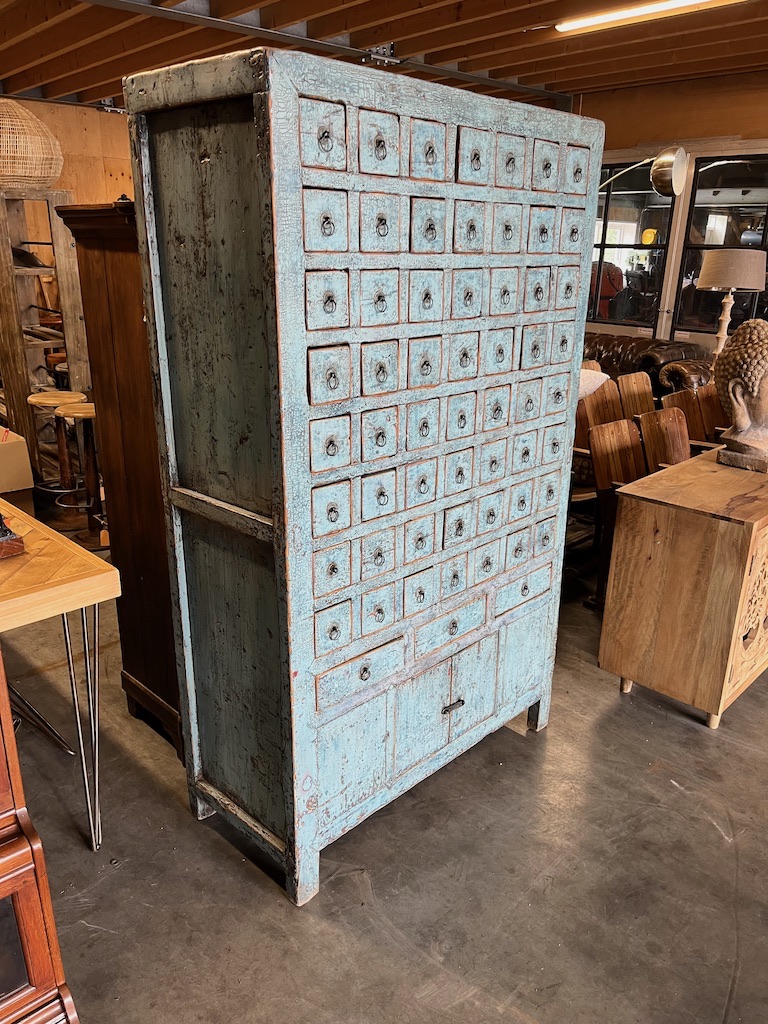 Antieke Ladenkast India Kleur Oud Blauw Uniek Exemplaar