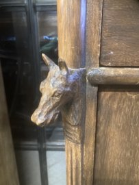 Antieke Eikenhouten Secretaire met gestoken Paard en Hond