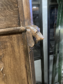 Antieke Eikenhouten Secretaire met gestoken Paard en Hond