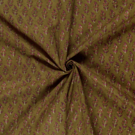 Blockprint cotton voile little flowers olive