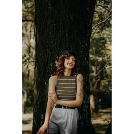 Ribtricot moss green and dusty blue stripes