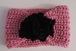 WOOLEN HAIRBAND PINK WITH BLACK FLOWER