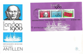 GROOT FORMAAT! Nederlandse Antillen (Postdienst) NVPH E132a (E132BPO) Onbeschreven 1e Dag-enveloppe Blok London 1980 Sir Rowland Hill 1980