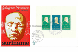 Suriname (Lion) NVPH E80 (E80L) Onbeschreven 1e Dag-enveloppe Kinderpostzegels. Ludwig von Beethoven. Blok 1970