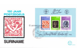 Republiek Suriname Zonnebloem E137 A Onbeschreven 1e Dag-enveloppe Blok De Internationale Postzegeltentoonstelling London '90 van 3 t/m 13 mei 1990 in Londen ter ere van de 'one Penny Black' de eerste postzegel ter wereld 1990