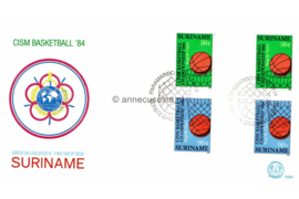 Republiek Suriname Zonnebloem E83 416/17 BP Onbeschreven FOTOLEVERING 1e Dag-enveloppe Brugparen De CISM (Conseil International du Sport Militaire) Basketball Kampioenschappen 1984