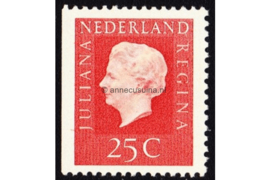 Nederland NVPH 939aJ Postfris Linkerzijde ongetand Gewoon papier (25 cent) Koningin Juliana ('Regina') rood 1969