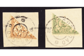 Curaçao NVPH 71-72 Gestempeld LINKERHELFT (GESNEDEN VAN LINKS BOVEN NAAR RECHTS ONDER) Hulpuitgifte. Frankeerzegels van 2 cent en 2 1/2 cent der uitgifte 1915-1926, schuin gehalveerd 1918