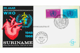 Suriname (Lion) NVPH E60 (E60L) Onbeschreven 1e Dag-enveloppe 20 jaar Wereldgezondheidsorganisatie 1968