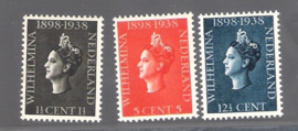 NVPH 310-312 Postfris GECERTIFICEERD FOTOLEVERING 40 jarig regeringsjubileum Koningin Wilhelmina. Gezamenlijke uitgave met Curacao, Ned. Indie en Suriname 1938