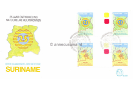 Republiek Suriname Zonnebloem E72 354/355 BPA Onbeschreven FOTOLEVERING 1e Dag-enveloppe Brugparen met kleurstippen 25 jaar ontwikkeling van de natuurlijke bronnen van Suriname 1983