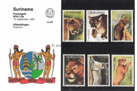 Republiek Suriname Zonnebloem Presentatiemapje PTT nr 67 Postfris Postzegelmapje In het kader van het Wereld Natuurfonds. Afbeeldingen van roofdieren 1991