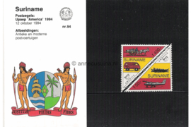 Republiek Suriname Zonnebloem Presentatiemapje PTT nr 94 Postfris Postzegelmapje U.P.A.E. (zesde serie) Afbeeldingen van moderne en antieke postvoertuigen 1994