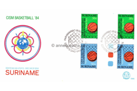 Republiek Suriname Zonnebloem E83 416/17 BPA Onbeschreven FOTOLEVERING 1e Dag-enveloppe Brugparen met kleurstippen De CISM (Conseil International du Sport Militaire) Basketball Kampioenschappen 1984